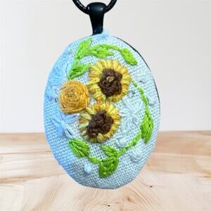 Handmade Floral Embroidery Pendant ~ Sunflowers & Rose